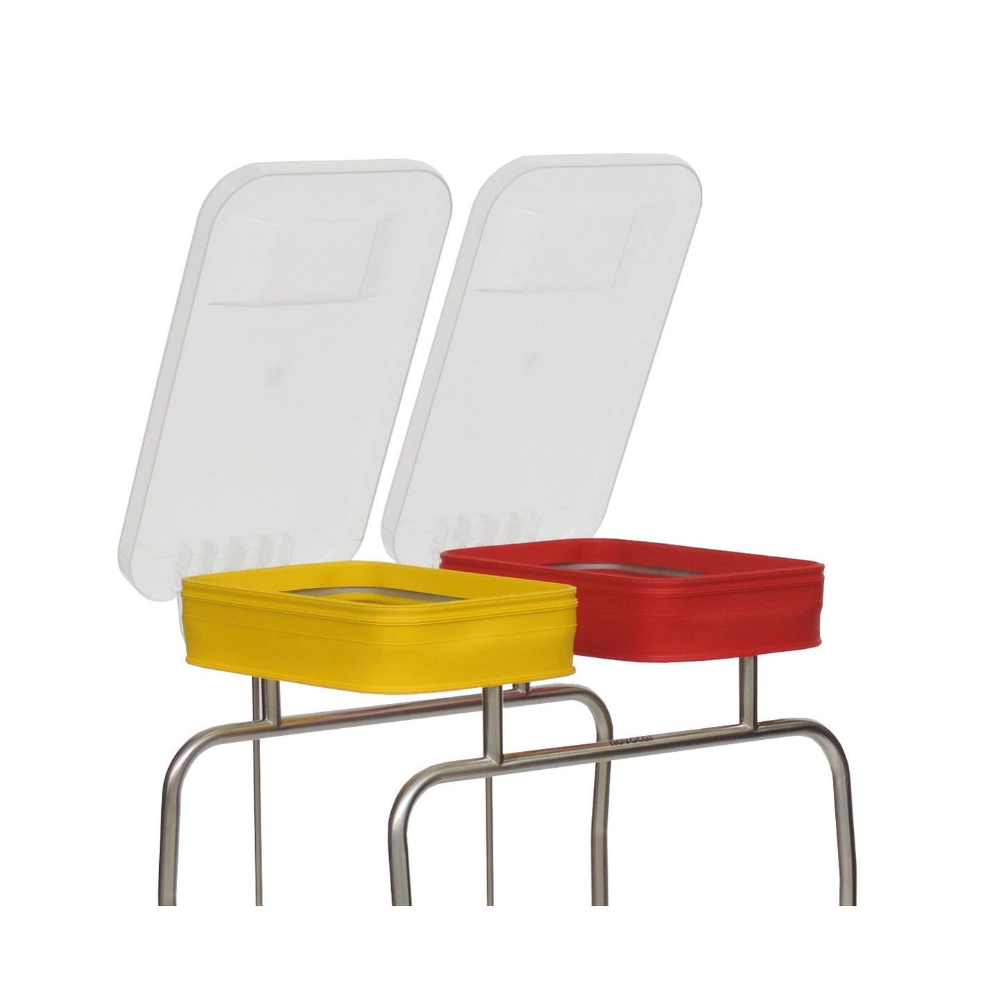 Two metal chairs with upholstered seats - one yellow, one red - have slanted, translucent plastic backs reminiscent of the Novocal plastic lid with plastic hinge and soft close by Novocal, and stand against a simple background.