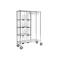 The Novocal Combined Sorting Trolley made of nickel-plated, high-gloss chrome precision steel offers four shelves on the left, adjustable dividers, a shelf on the right, and four large wheels - ideal for professional use.