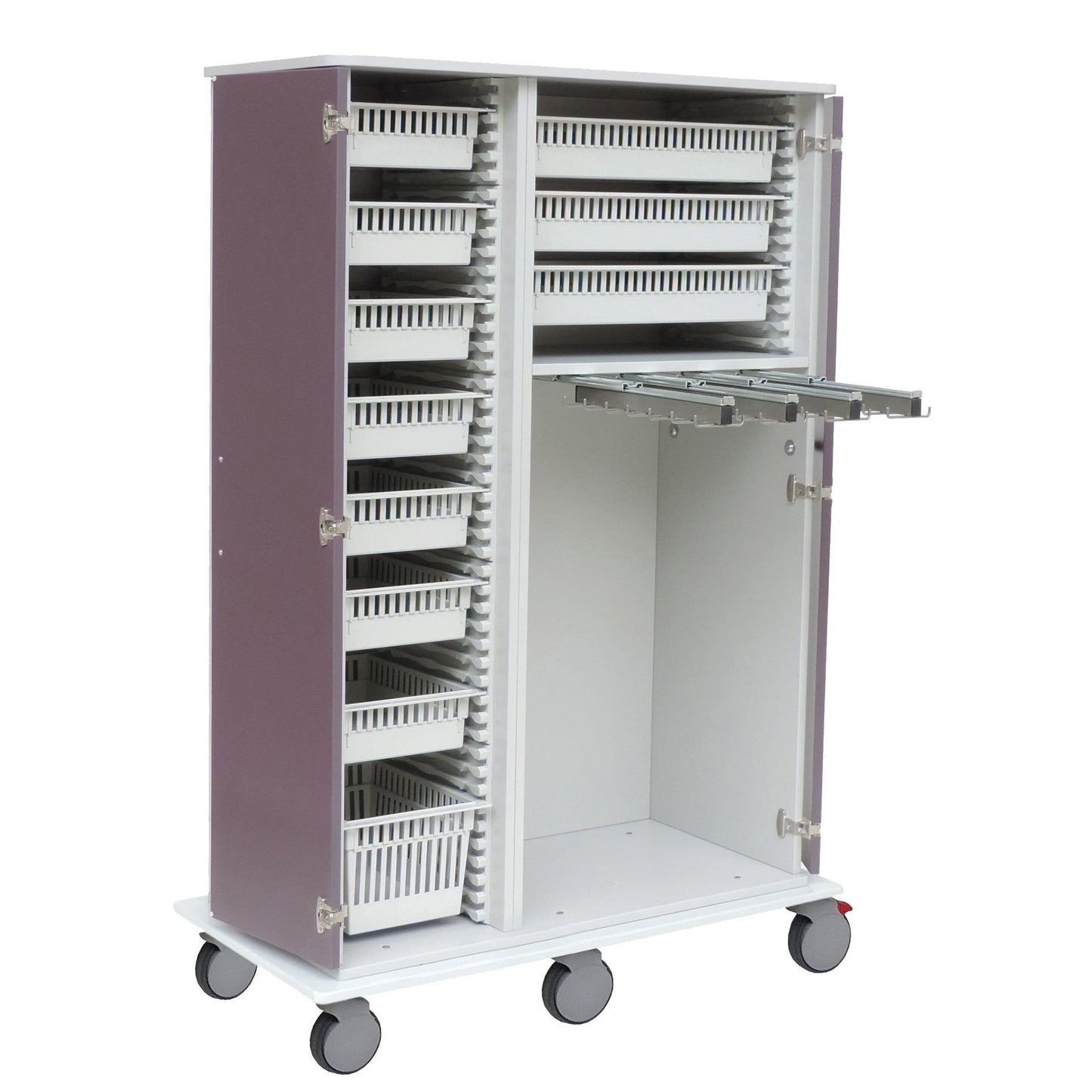 The Novocal catheter trolley chassis made of continuous solid plastic panel is suitable for medical facilities, with several plastic drawers on the left and an empty compartment with extensions on the right on four wheels.