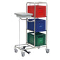 The Novocal Kombi recyclable collector four-way collector features a stainless steel frame, three color-coded containers for efficient waste sorting, a side waste container with lid, as well as handles and a foot pedal for easy operation.