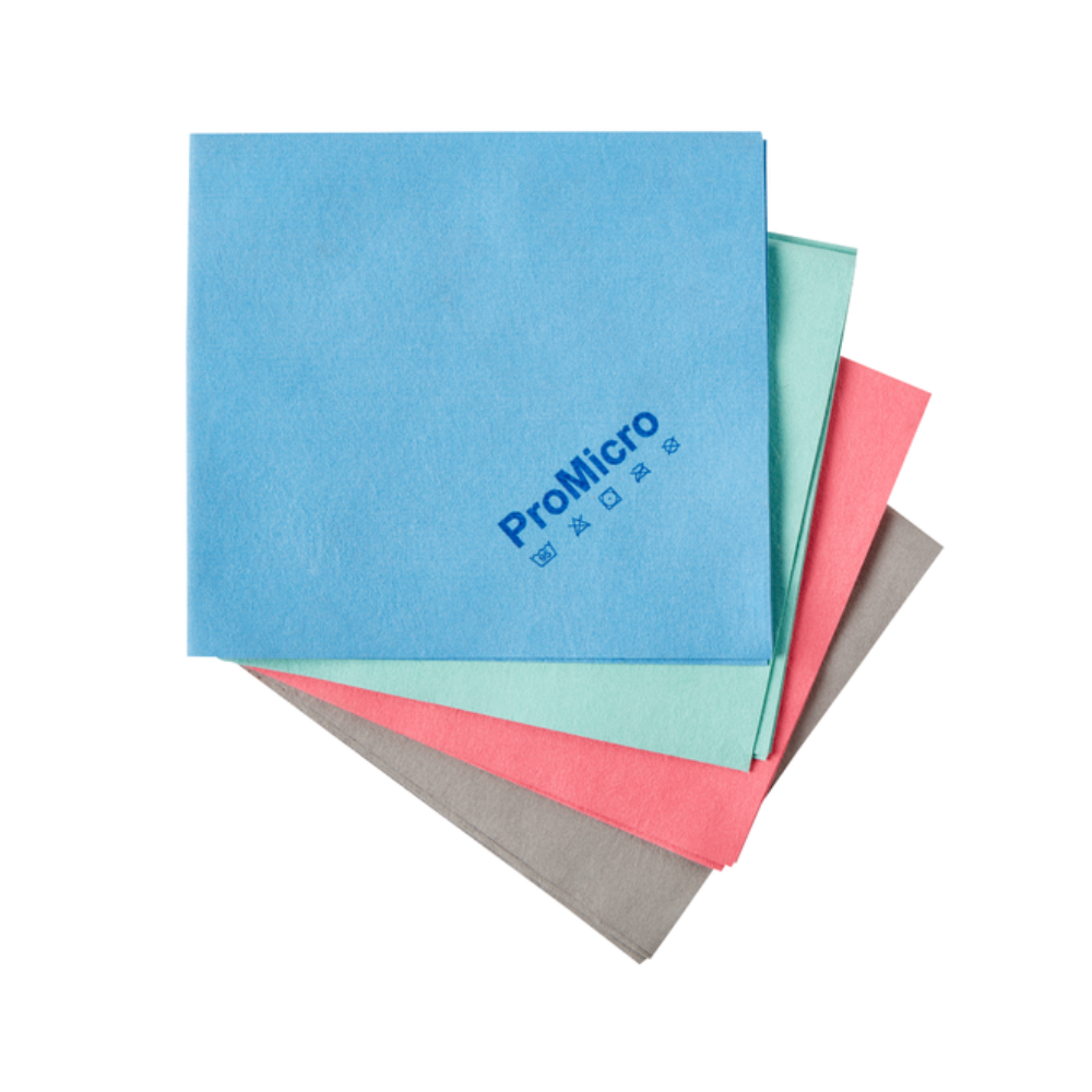 Four Kiehl ProMicro microfiber cloths Standard (35 x 38 cm, 170 g/sqm) from Johannes Kiehl KG are stacked in the colors blue, green, pink, and gray. On the top blue cloth, "ProMicro" and care symbols are printed in blue.