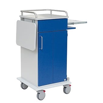 The Novocal laptop cart is blue and white and features two large doors, a side pull-out laptop compartment, a fold-out side shelf, four wheels, and upper metal rails - ideal for mobile storage in healthcare.