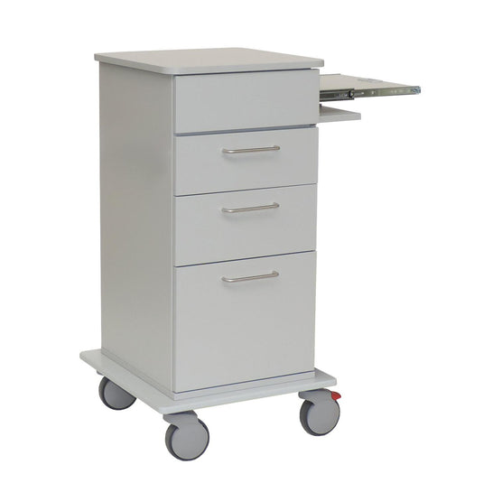 The Novocal laptop cart with a side pull-out laptop compartment from Novocal features four drawers, metal handles, four large wheels (one of which has a red brake lever), and is ideal for mobile workstations - all in a simple white design.
