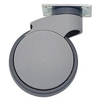 The Novocal easy-running swivel castor plastic Ø 125 mm is a gray swivel castor with a flat plate, ideal for easy mounting on care trolleys or furniture for smooth mobility. Package contains 1 piece.
