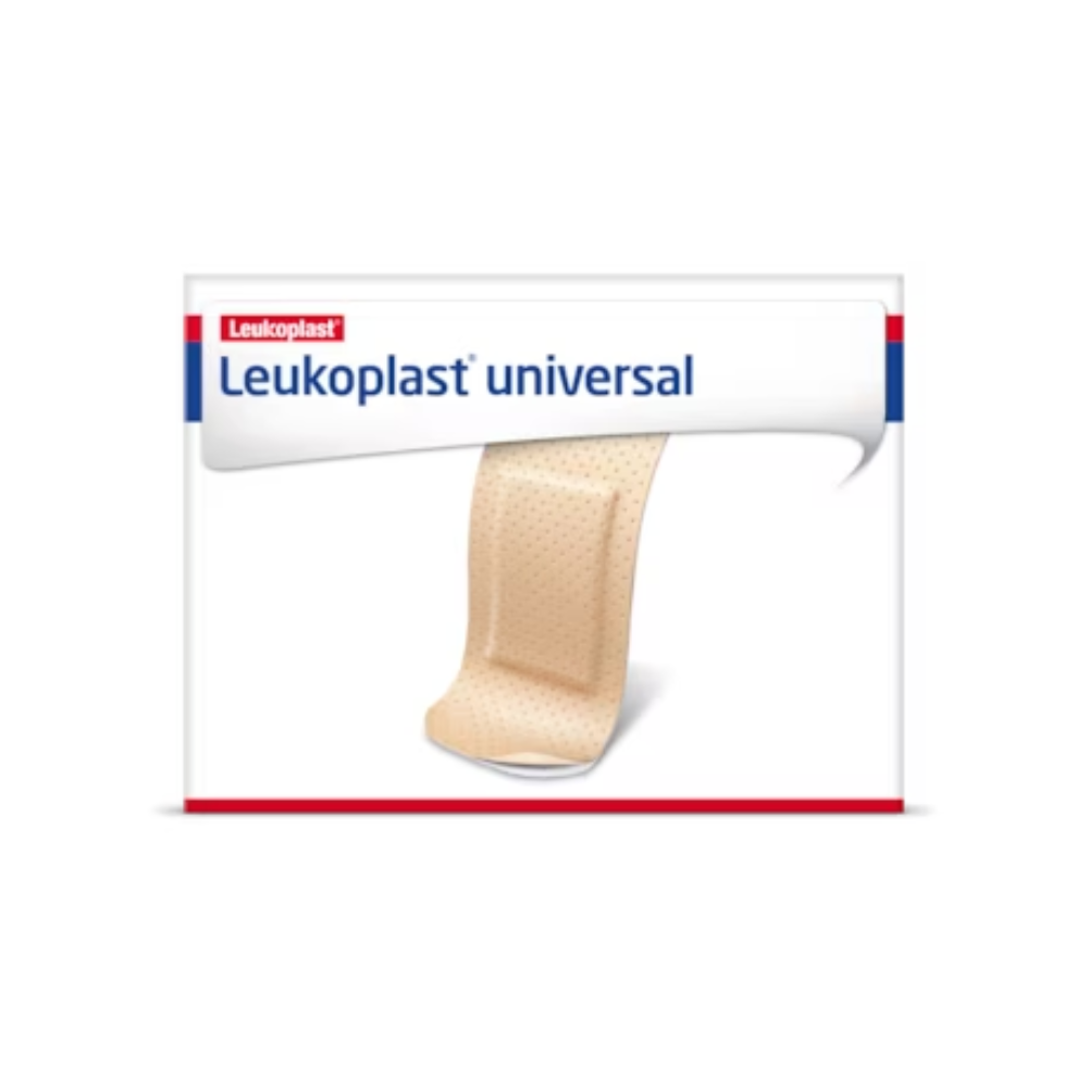 The Leukoplast® Universal Strips plaster box from BSN Medical GmbH shows a single beige adhesive plaster on the front. The design consists of a white background with red and blue accents and the brand name at the top. These adhesive plasters are water and dirt resistant and offer reliable protection.