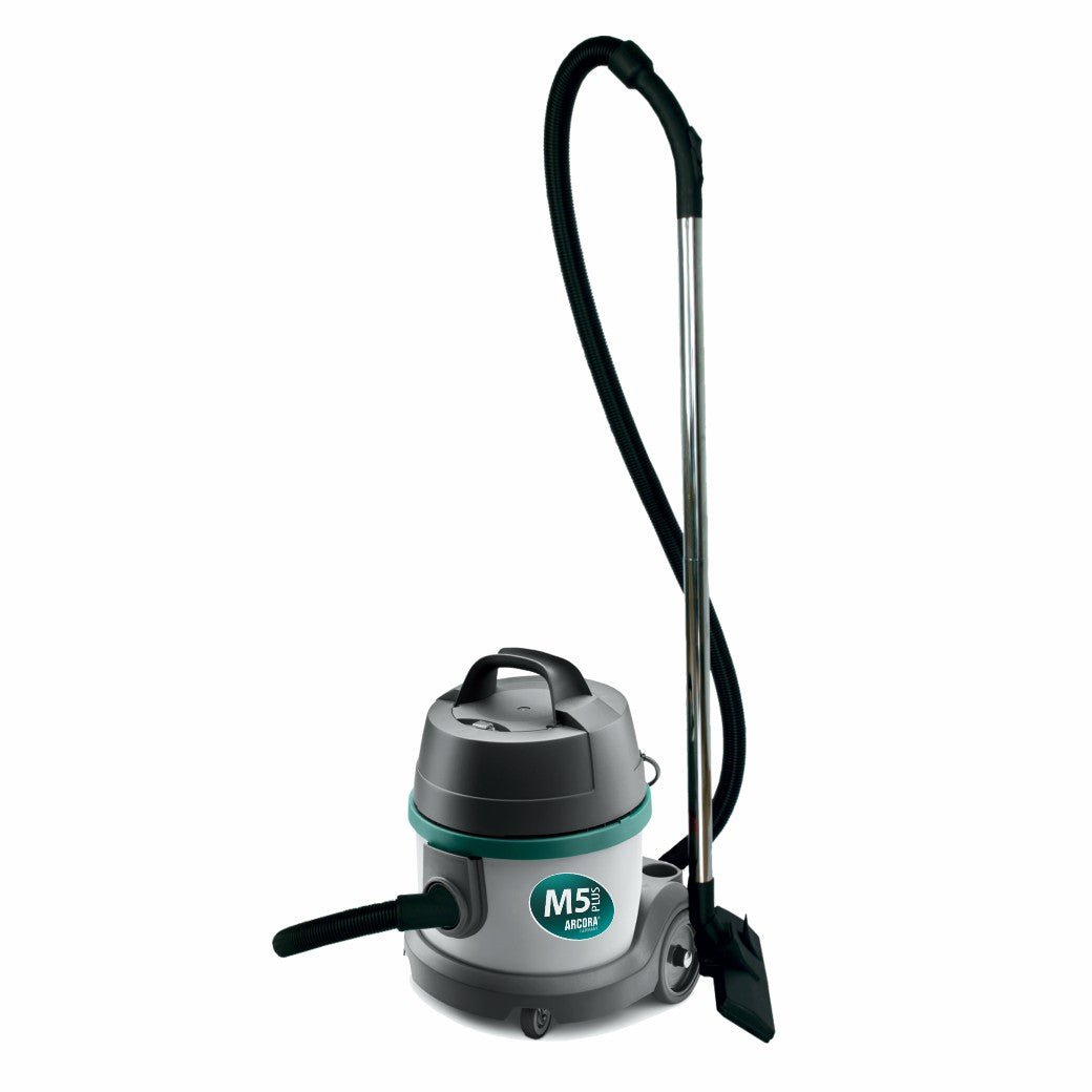 The Arcora M5 Plus Professional Vacuum Cleaner from Arcora International GmbH is a gray and teal canister vacuum with a black hose, metal tube, and rectangular floor attachment, which stands upright on four small wheels, allowing for professional cleaning.