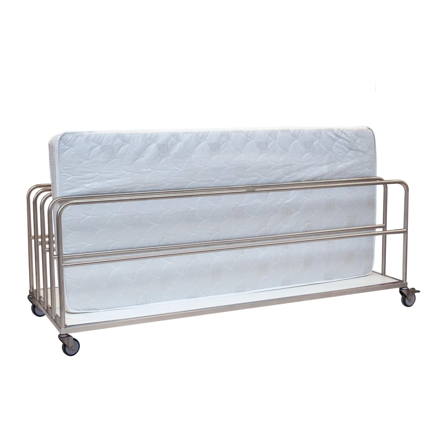 The Novocal mattress trolley made of stainless steel with all-around welded pipe connections transports a single, upright mattress safely and efficiently - ideal for professional mattress transportation.
