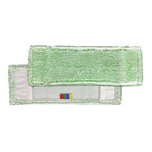 Pictured are two Arcora Excellent Green-White Db-Fc mop pads from Arcora International GmbH. One has a net underside with white bands and multicolored tags for easy identification and sorting.