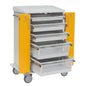 The Novocal module cart features a chassis made of solid plastic panel, yellow doors, four pull-out white baskets, a flat roof, and wheels for easy mobility - ideal for organized medical transport solutions.