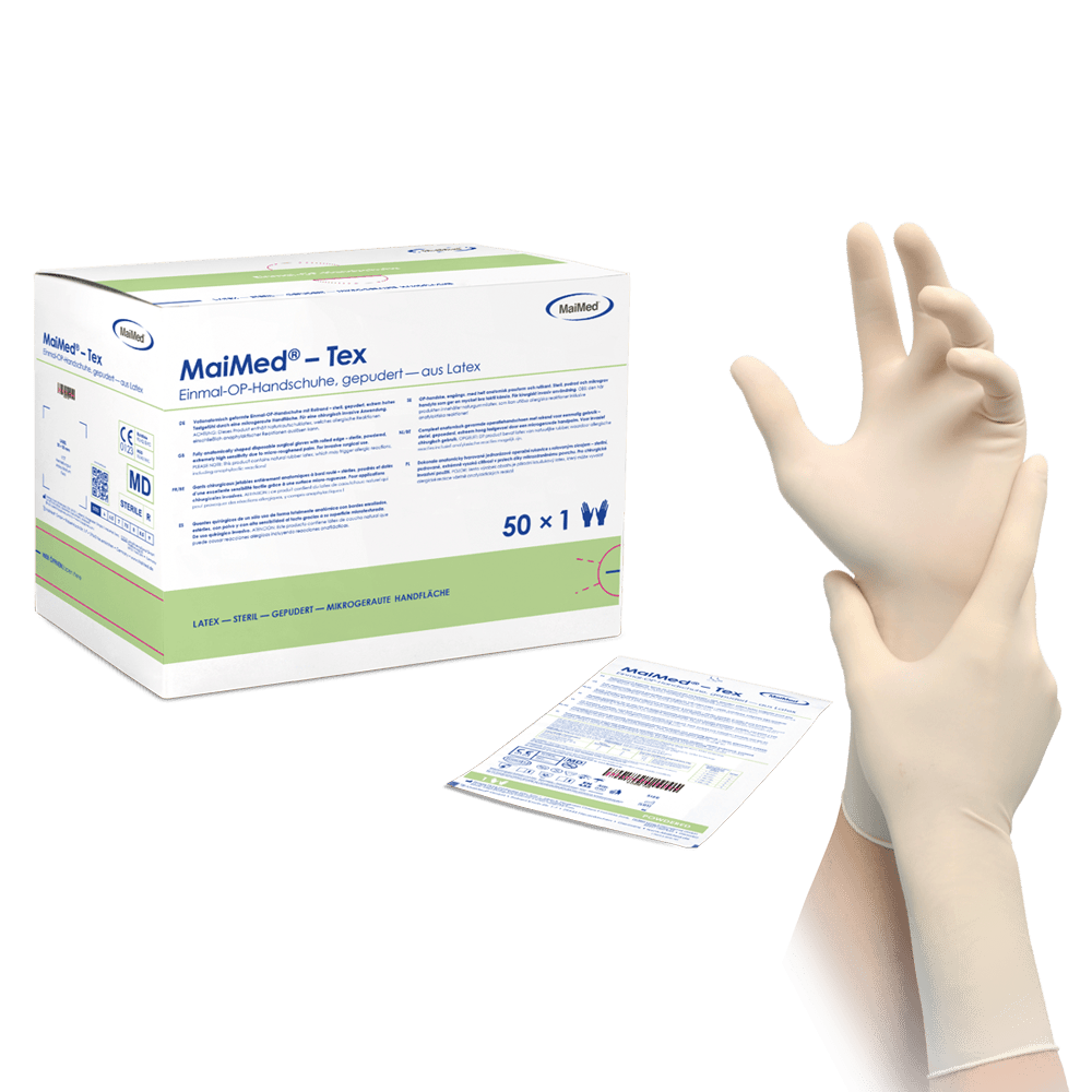 MaiMed-Tex sterile, lightly powdered latex surgical gloves 50 pairs/box