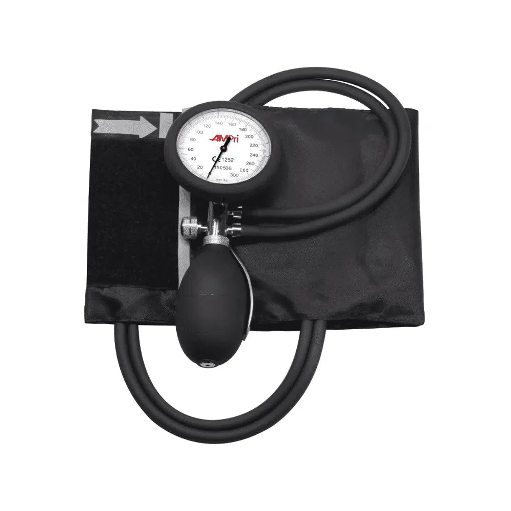 The Med Comfort Upper Arm Aneroid Blood Pressure Monitor, 2-Tube System by AMPri Handelsgesellschaft mbH, is available in black and features a manual blood pressure monitor with an attached pressure gauge and inflatable rubber bulb. The cuff is laid flat and a flexible rubber tube connects the bulb to the monitor and the cuff. The monitor of the 2-tube system displays a range from 0 to 300 mmHg.