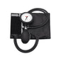 The Med Comfort Upper Arm Aneroid Blood Pressure Monitor, 2-Tube System by AMPri Handelsgesellschaft mbH, is available in black and features a manual blood pressure monitor with an attached pressure gauge and inflatable rubber bulb. The cuff is laid flat and a flexible rubber tube connects the bulb to the monitor and the cuff. The monitor of the 2-tube system displays a range from 0 to 300 mmHg.
