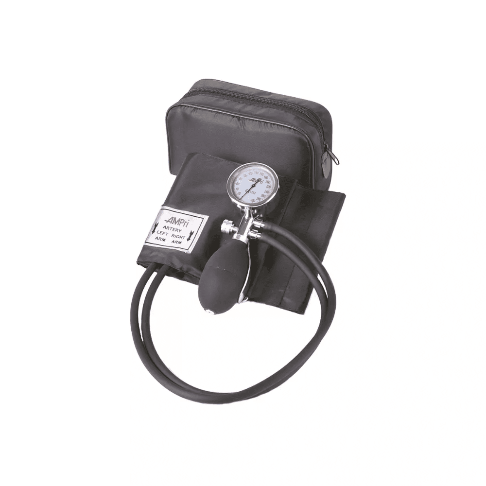 The Med Comfort upper arm aneroid blood pressure monitor with a 2-tube system from AMPri Handelsgesellschaft mbH is a black, manual blood pressure monitor with cuff, aneroid device, inflation bulb, and black storage case. The 2-tube system ensures accurate readings in mmHg and is therefore perfect for precise manual blood pressure measurement.