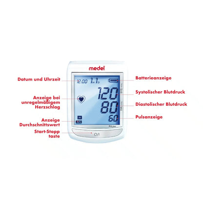 The Medel Elite blood pressure monitor, manufactured by Beurer GmbH, shows a systolic pressure of 120, a diastolic pressure of 80, and a pulse rate of 60. It features functions such as an irregular heartbeat alarm, a battery indicator, and a date and time display. The device offers German annotations for user convenience.