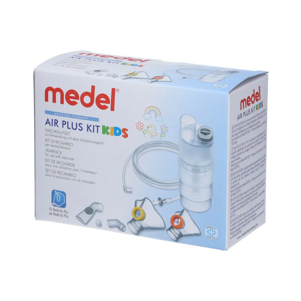 A box of Medel® Air Plus Kids Yearpack for inhaler from Beurer GmbH, which contains a nebulizer device, a nasal douche, and accessories for respiratory care in children. The white box has blue and red text, illustrations of the nebulizer components, and child-friendly graphics of a rainbow, clouds, and a sun.