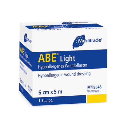 A box of Meditrade ABE® Light elastic wound bandage by Meditrade GmbH with an elastic wound bandage measuring 6 cm x 5 m, marked in a blue-yellow packaging.
