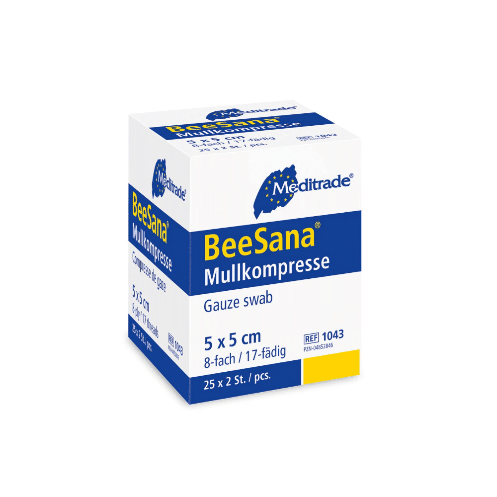 A box of BeeSana® gauze compresses from Meditrade GmbH with white and blue design and German labeling indicating a size of 5 x 5.
