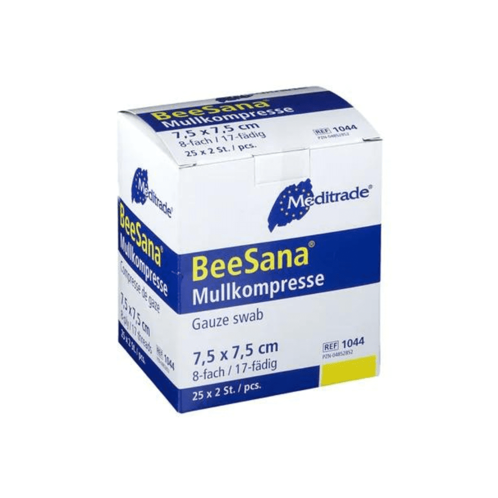 A box of Meditrade BeeSana® gauze compress, simple sterile, 8-layer gauze swabs from Meditrade GmbH, size 7.5 x 7.5 cm, with blue-white packaging with text in