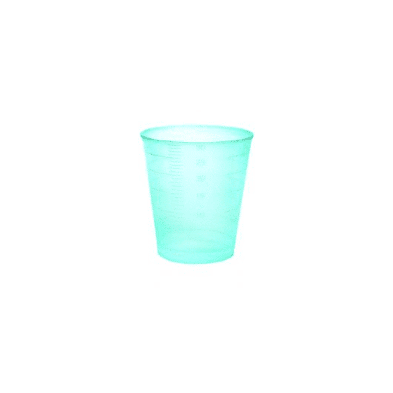 A translucent green Meditrade disposable medicine cup, 30 ml, graduated with measurement markings, centered against a white background.