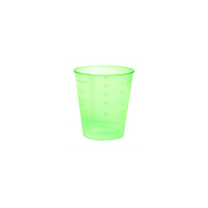 A translucent green disposable medicine cup made of plastic by Meditrade GmbH, 30 ml, graduated with measurement markings on the surface, isolated on a white background.