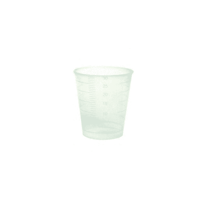 A translucent Meditrade disposable medicine cup made of plastic, 30 ml, graduated with measurement markings, presented against a plain white background.