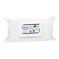 A pack of Meditrade Medizid® Alpha+ Flowpack surface disinfection wipes, containing 80 wipes, in a white plastic packaging with product information and logos on the side.