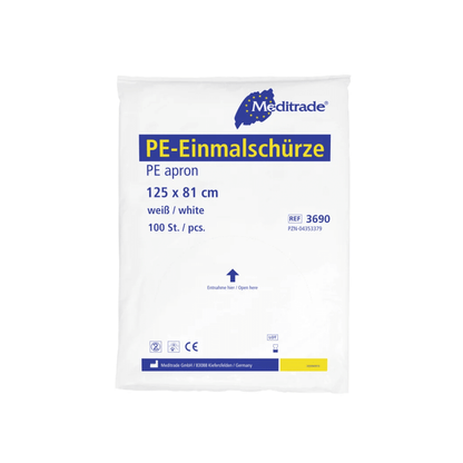 A pack of white Meditrade PE disposable aprons, 125 x 81 cm, with 100 pieces. The package contains the branding and product details of Meditrade GmbH.