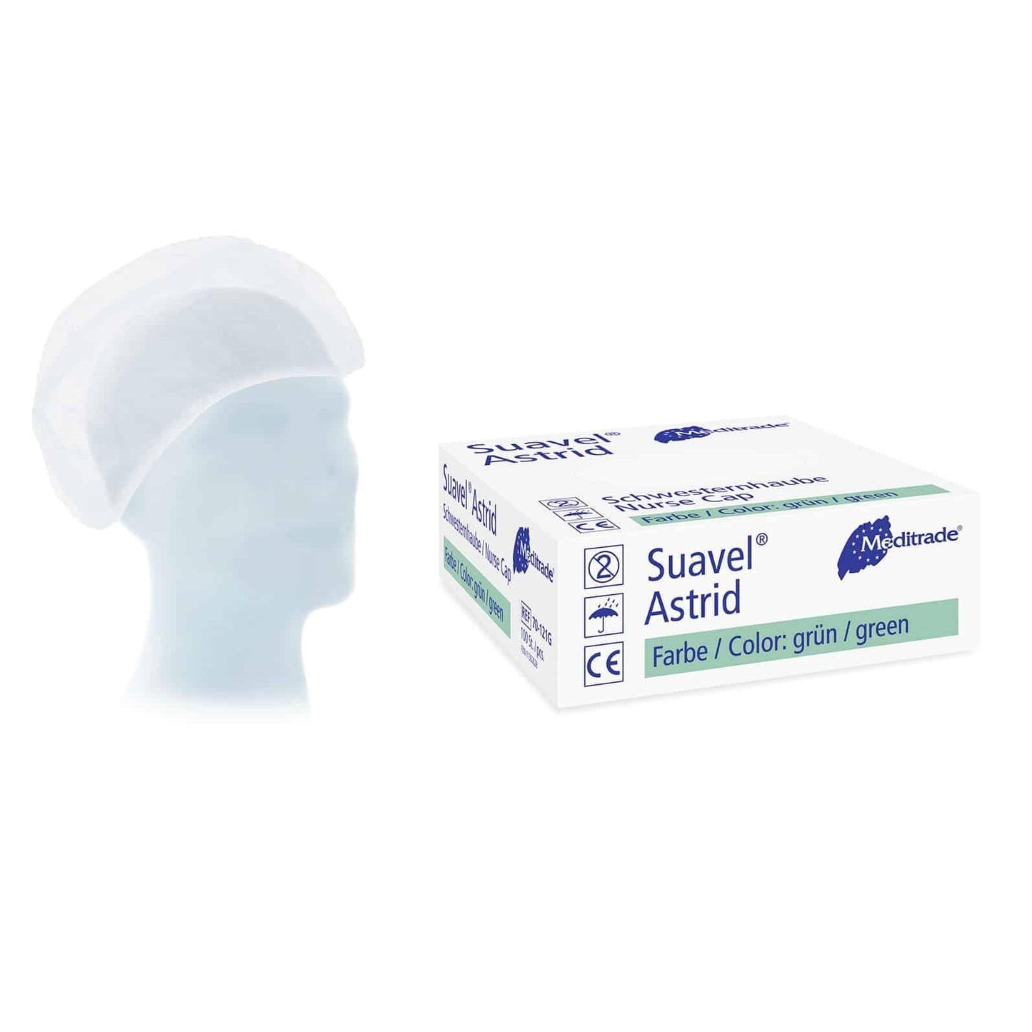 A mannequin head with a white surgical cap next to a box of Meditrade Suavel® Astrid nurse cap XL – white, isolated on a white hospital background.