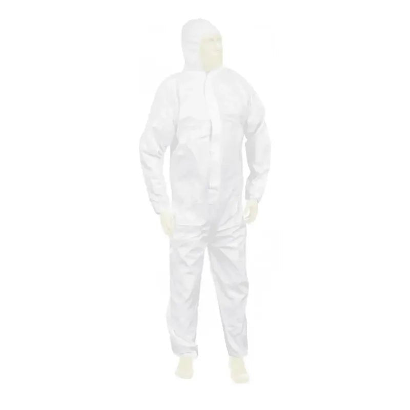 A person is wearing a white Meditrade Suavel® Yeti protective suit with a hood that completely covers the body and is standing in front of a white background. The suit looks lightweight and designed with safety in mind.