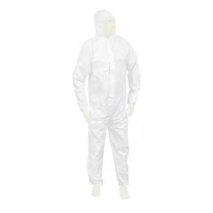 A person is wearing a white Meditrade Suavel® Yeti protective suit with a hood that completely covers the body and is standing in front of a white background. The suit looks lightweight and designed with safety in mind.
