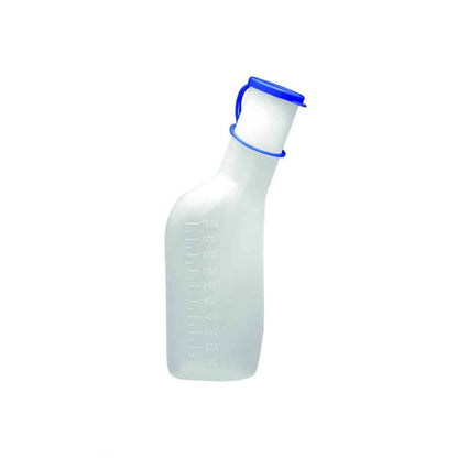 The urine bottle for men from Meditrade GmbH is a transparent plastic bottle with a blue cap and ergonomic carrying handle. It has a capacity of 1000 ml, measurement markings on one side, and offers easy handling. The urine bottle holder is available separately.
