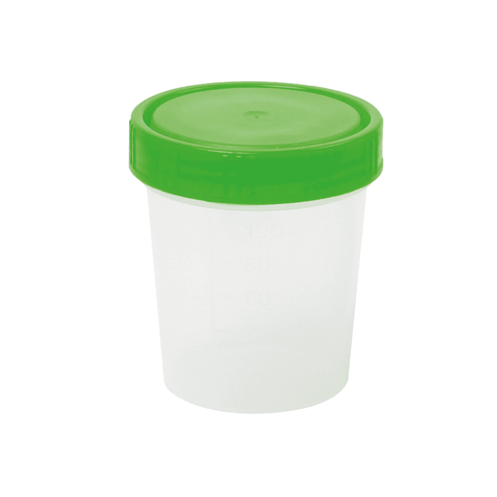 A transparent plastic container with measurement markings and a green lid, rotating around its axis in front of a white background, used as a urine cup with various closures by Meditrade GmbH.