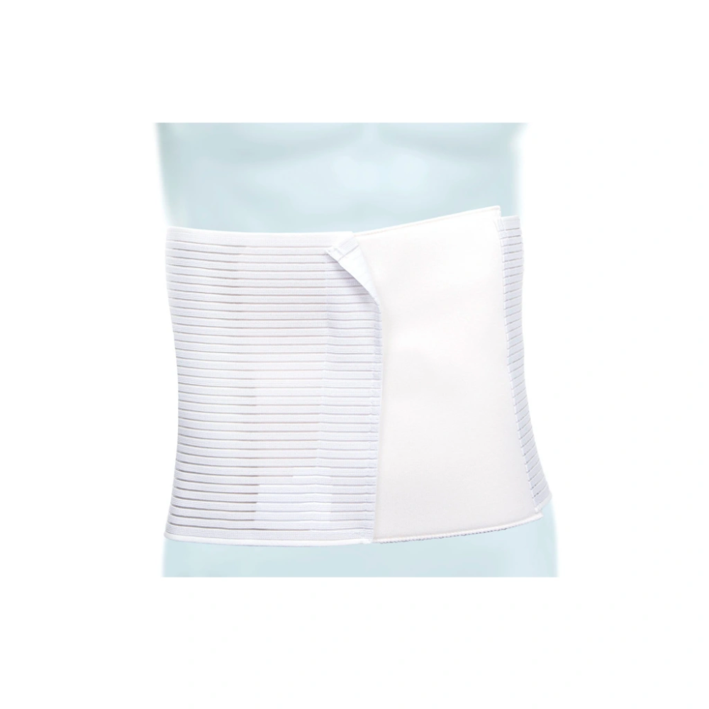A white post-operative support binder Meditrade ABE® abdominal bandage with elastic bands and Velcro closure, depicted on a light blue background.