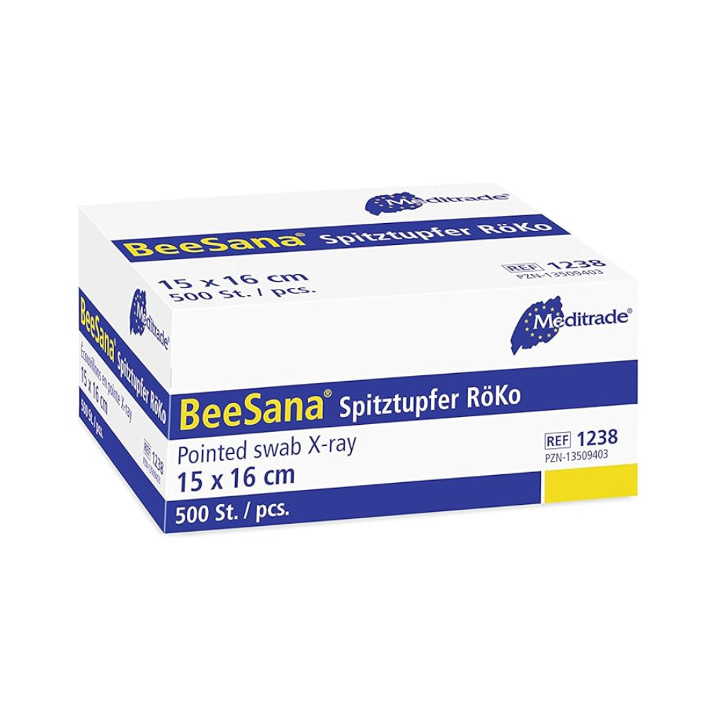 A box of Meditrade BeeSana® pointed swabs, size 15 x 16 cm, contains 500 pieces. The box is white with a blue border and text with product information.