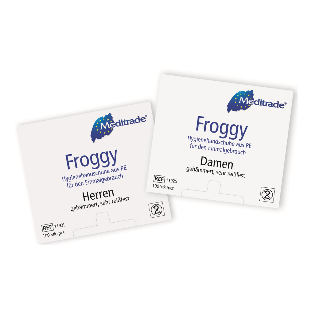 Two packs of Meditrade Froggy disposable gloves (hygiene gloves), one labeled for men and one for women, with a frog logo and German text about the hygiene of the gloves.