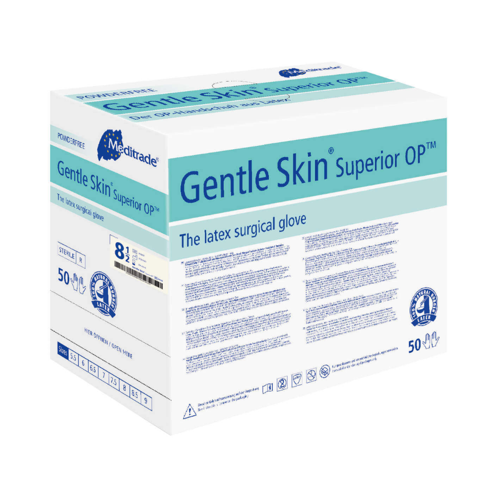 A box of Meditrade Gentle Skin® Superior OP™ latex surgical gloves, size 8.5, contains 50 pairs. The packaging is predominantly white and blue with detailed product information. This latex surgical glove is from the brand Meditrade GmbH.