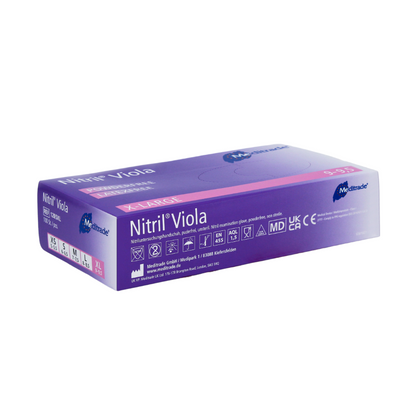 A box with Meditrade Nitril® Viola nitrile gloves colored purple disposable nitrile gloves from Meditrade GmbH in size XL. The box is purple and white and shows various certifications and the number of gloves.