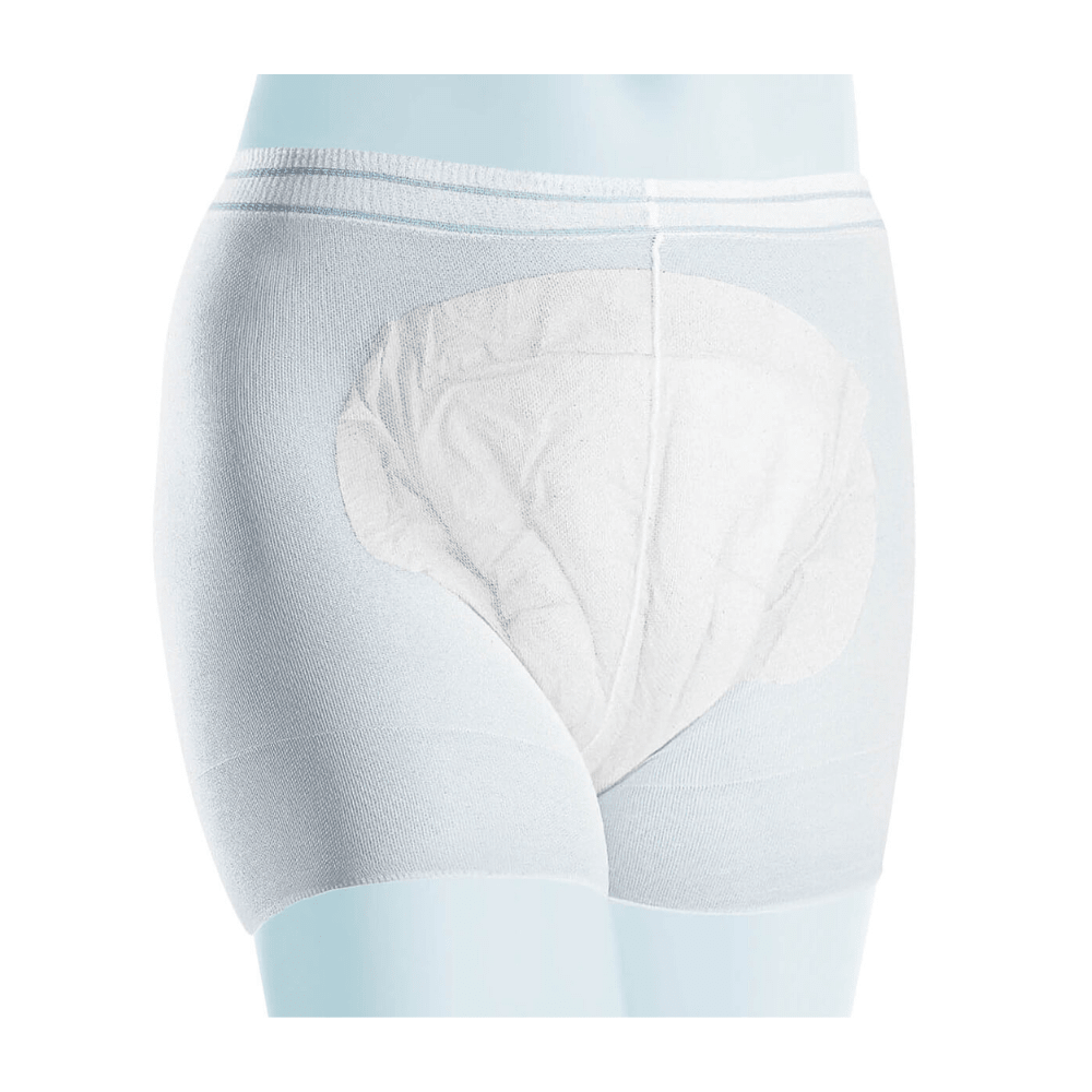 Close-up of a pair of light blue Meditrade Panty fixation briefs incontinence slips for adults. The padded area for absorbency is seen against a white background. These slips are part of the Meditrade Panty series.