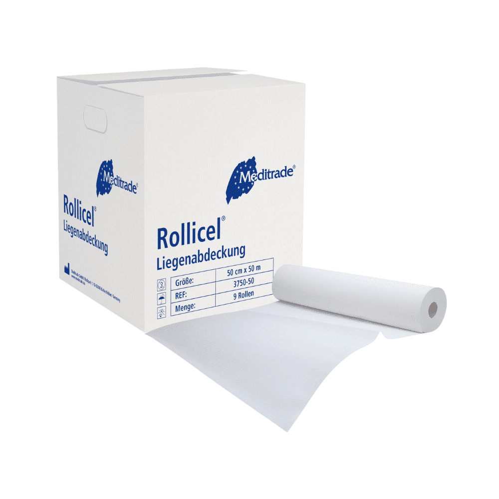 A white box with Meditrade Rollicel® medical crepe / roll, 39 - 59 cm x 50 m, 2-ply by the brand Meditrade GmbH, depicted with a sheet protruding and unrolled from the box. The box details include product size and quantity. This product is also known as