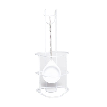 The white metal stand is a minimalist urine bottle holder from Meditrade GmbH, similar to a ladle holder with chain suspension. Its round base and vertical supports make it ideal for care beds, seamlessly combining form and function.