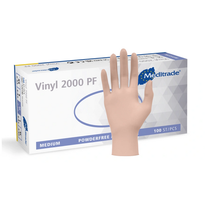 A box of Meditrade Vinyl 2000 PF disposable gloves made of vinyl from Meditrade GmbH, with one glove partially sticking out of the box. The box is white and blue and contains text with detailed product specifications.