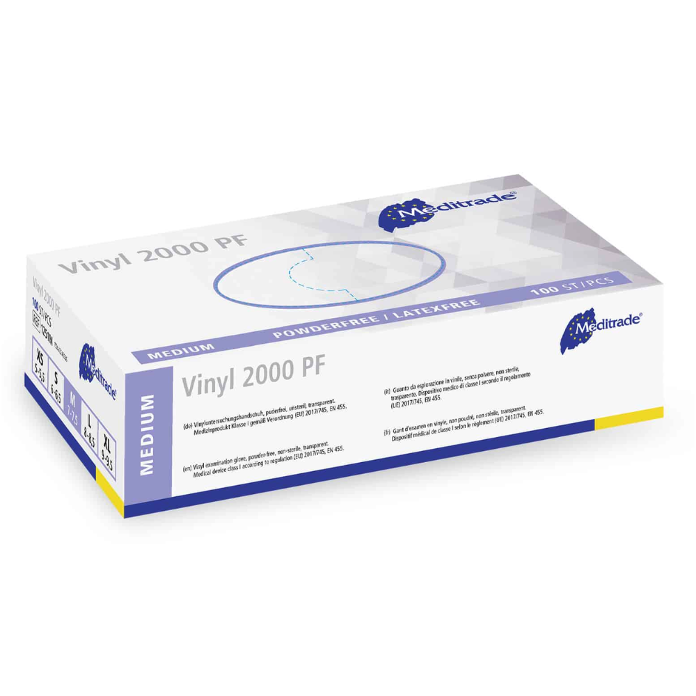 A box of medium-sized disposable gloves Meditrade Vinyl 2000 PF from Meditrade GmbH. The packaging is white with blue accents and text indicating that the gloves are powder-free and latex-free. Ideal for patients