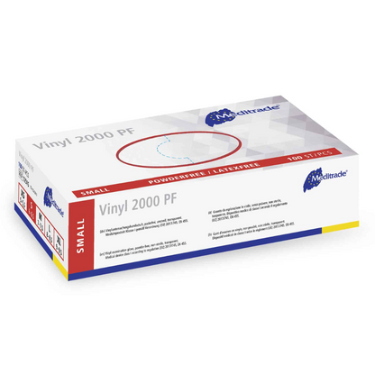 A box of Meditrade Vinyl 2000 PF disposable gloves in small size made of vinyl with the Meditrade GmbH logo on a white background. The box contains 100 pieces.