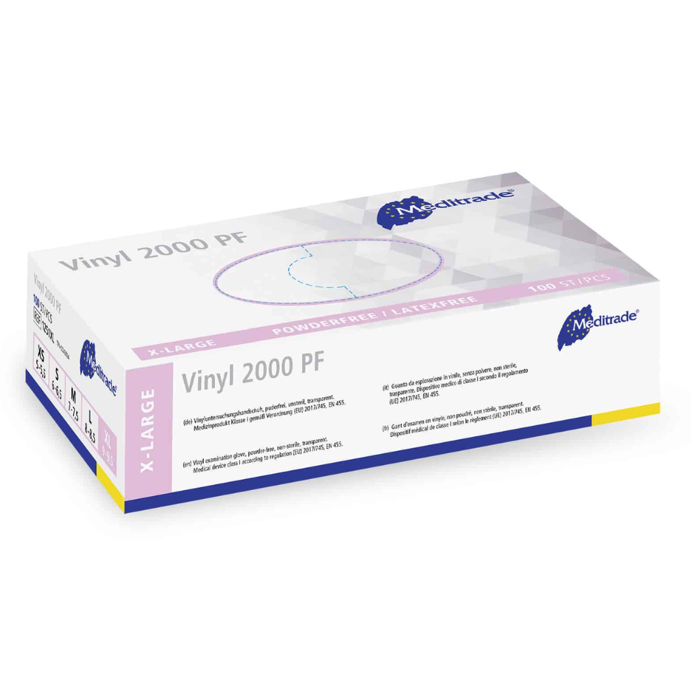 A box of Meditrade Vinyl 2000 PF disposable gloves made of vinyl medical gloves. The packaging is mainly white with purple and yellow accents and shows text indicating the size (x-large) and quantity (100 pieces). The