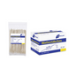 A transparent plastic bag containing Meditrade cotton swabs made of wood, small head 15 cm (100 pieces per bag), and a blue-white-yellow box from Meditrade GmbH (pack of 10 bags) are depicted on a white background.