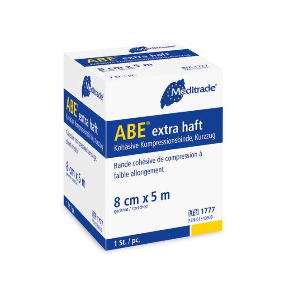 Box of Meditrade ABE® extra adhesive cohesive short-stretch bandage by Meditrade GmbH, a highly cohesive compression bandage for bandage fixation, size 8 cm x 5 m. White box with blue/yellow accents contains product details in German and French.