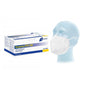 A blue mannequin head presents a white Respima FFP2 NR mask with EN 149 certified protection. Next to it is a blue and white box from "Meditrade GmbH" with the model number KS001 for 20 masks with a 5-layer protective barrier.