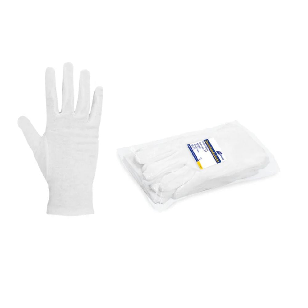 A Meditrade twine glove underglove made of pure cotton in white is displayed next to a plastic package containing several gloves. The package has a label with text and a barcode, all against a clean white background.