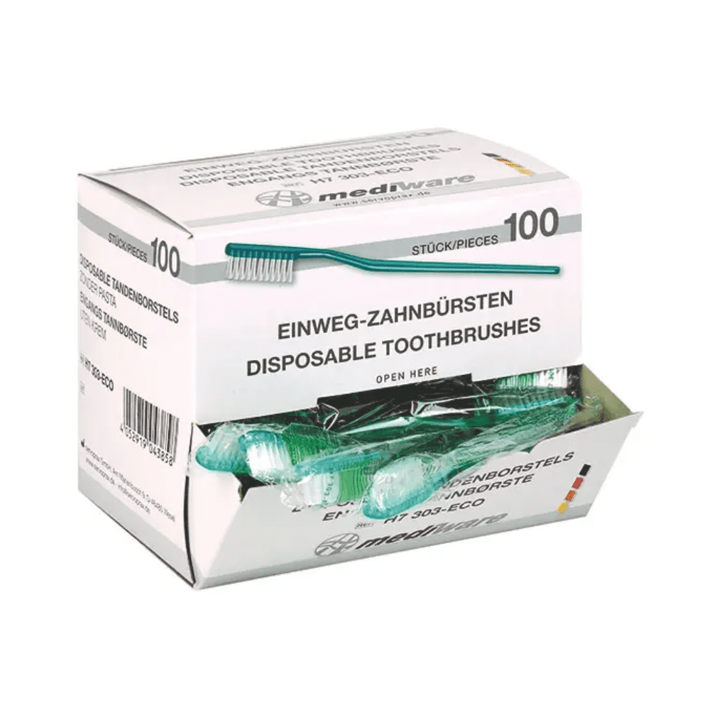 A box of 100 disposable toothbrushes from Servoprax GmbH, labeled in English and German. The partially opened packaging shows several green toothbrushes inside, with the product name "Mediware Disposable Toothbrush without Tooth Powder Green – 100 Pieces" visible.