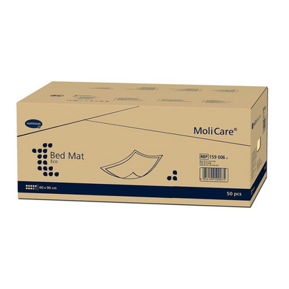 A box of MoliCare® Bed Mat ECO bed protection pads with 50 pieces, with the product reference number and dimensions indicated on the side. The packaging is mainly beige with blue text and graphics.